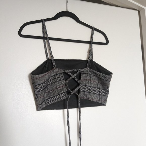 Plaid Cropped Lace Back Strappy Top (Size: M) - Picture 1 of 2